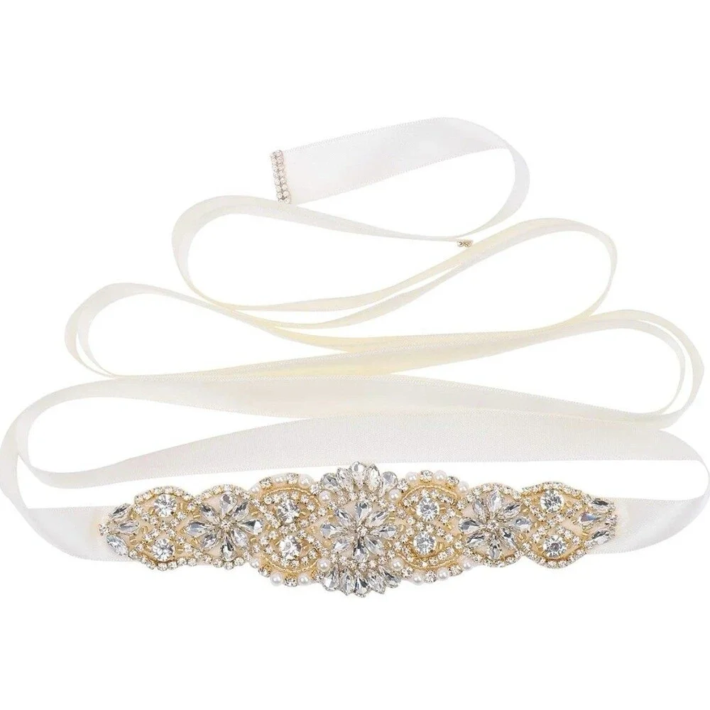 Tendaisy Crystal Rhinestone Faux Pearl Wedding Belt Cream Satin Ribbon Sash New